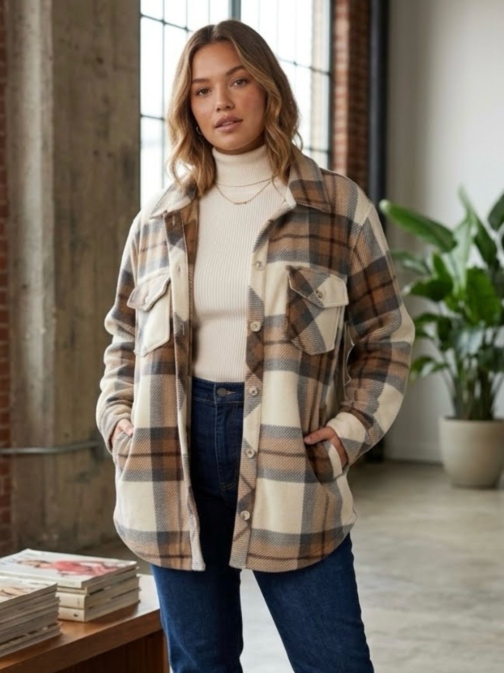 Thread & Supply Plaid Polar Fleece Shacket in Tan, Gray and Cream Women’s Size L